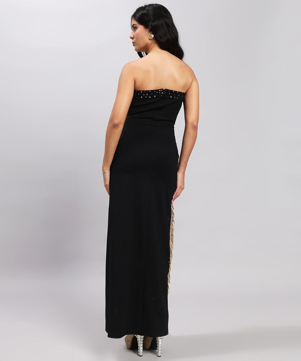 Black & Gold Fringe Strapless Gown-sleek, sultry, show-stopping.