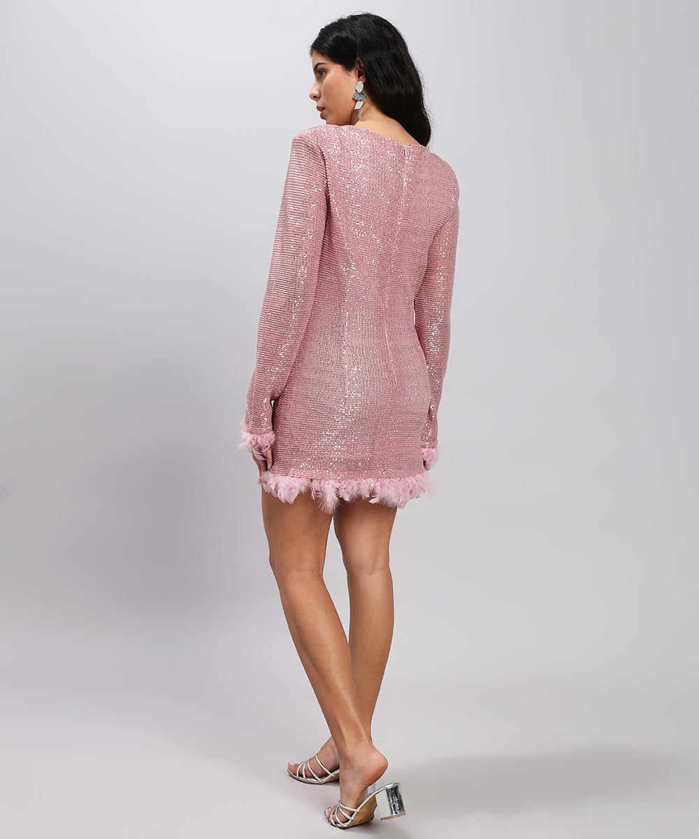 Blush feather-trim mini dress— polished, playful, charming