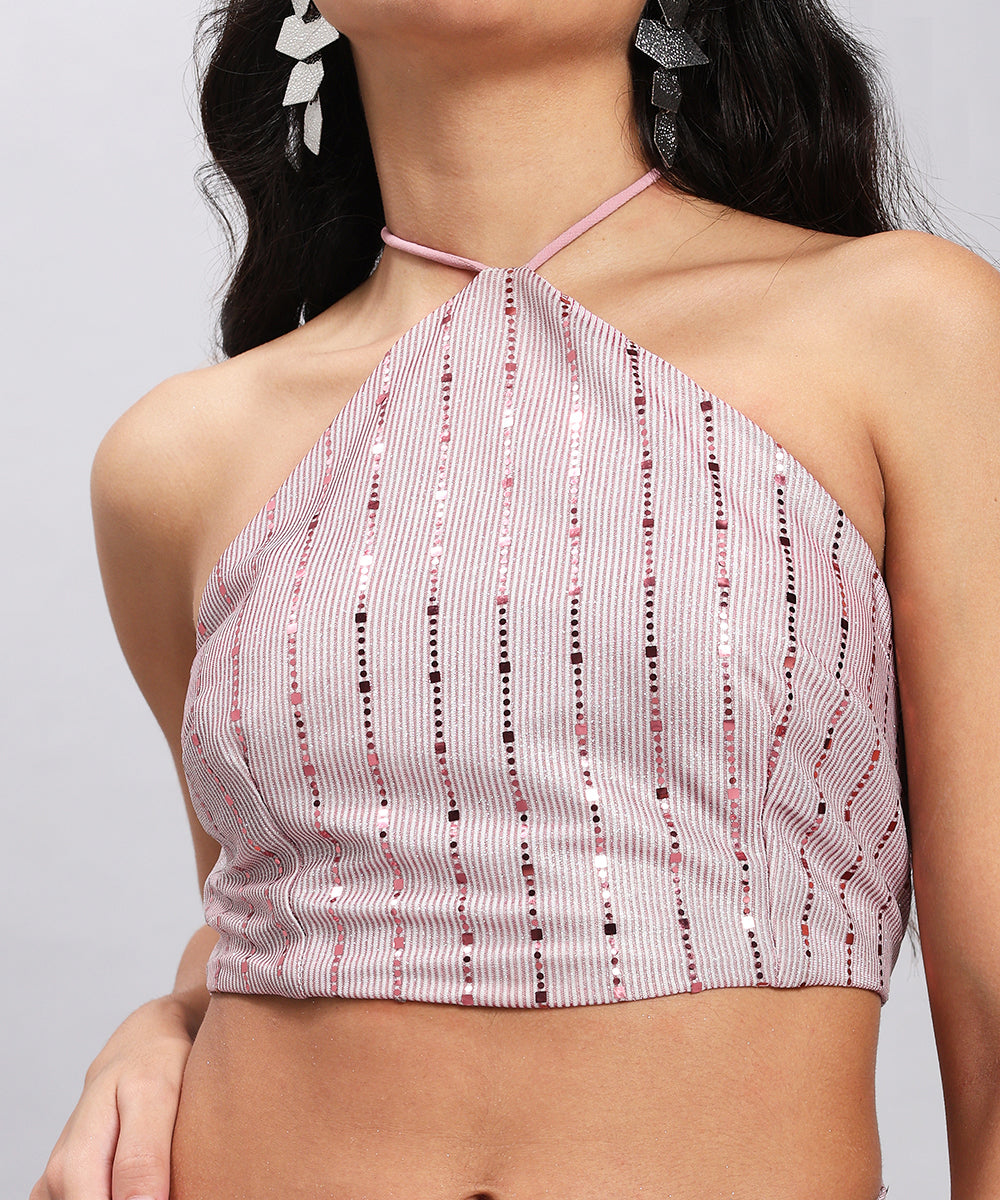 Blush shimmer skirt top set— playful elegance redefined.