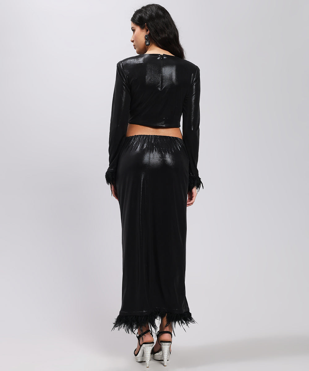 Metallic Black Top & Feather Trim Skirt Set-sleek, sultry, modern