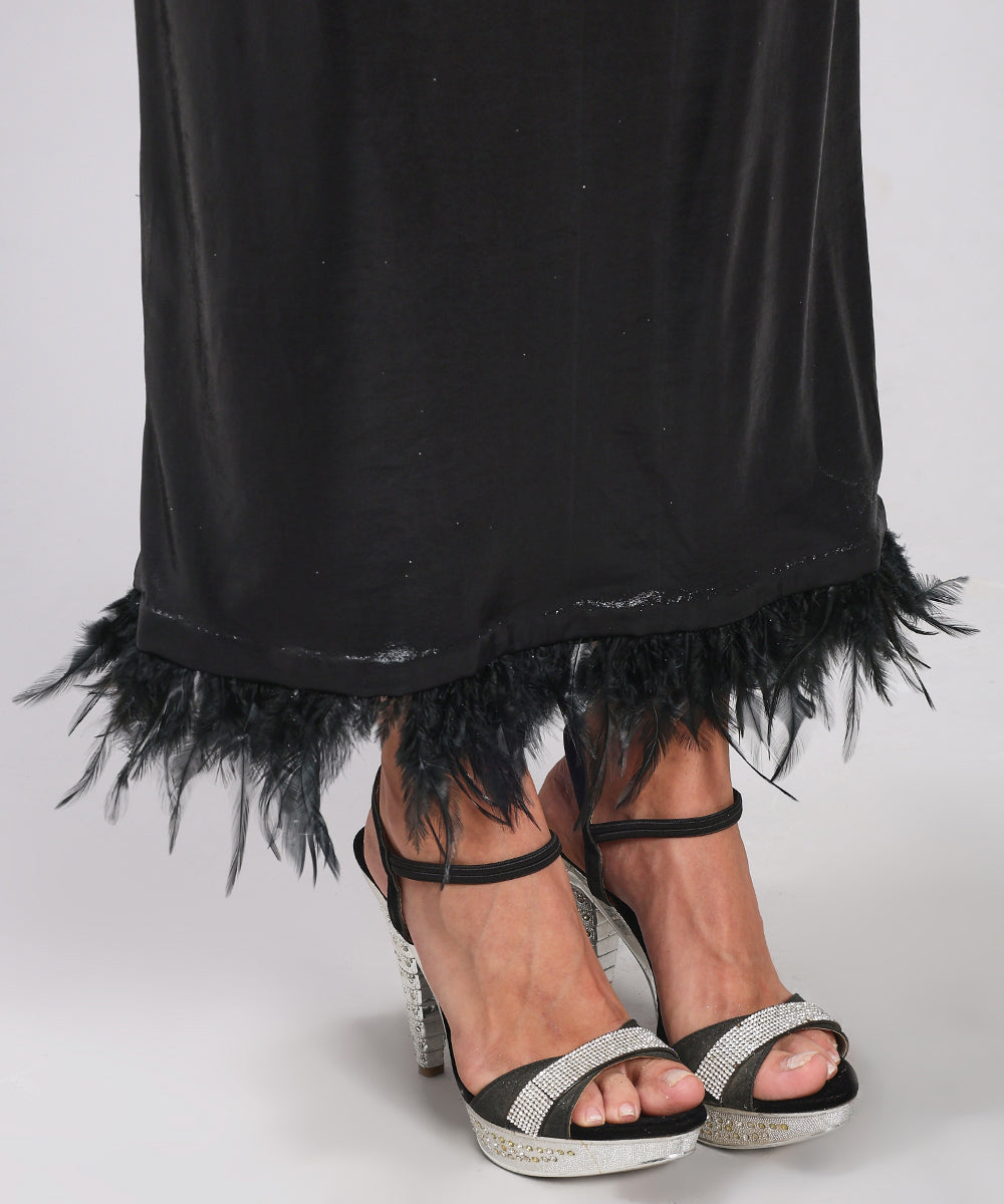 Metallic Black Top & Feather Trim Skirt Set-sleek, sultry, modern