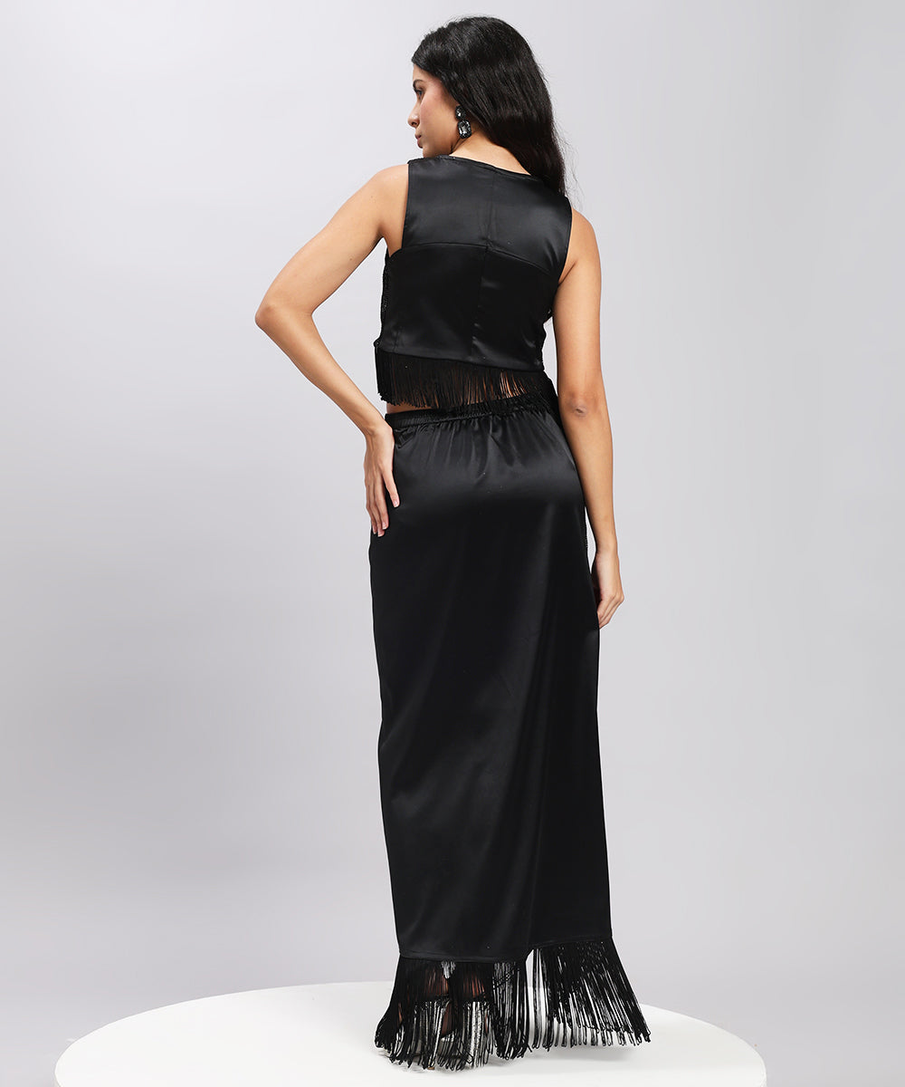 Black Sequin & Fringe Crop Top Skirt Set