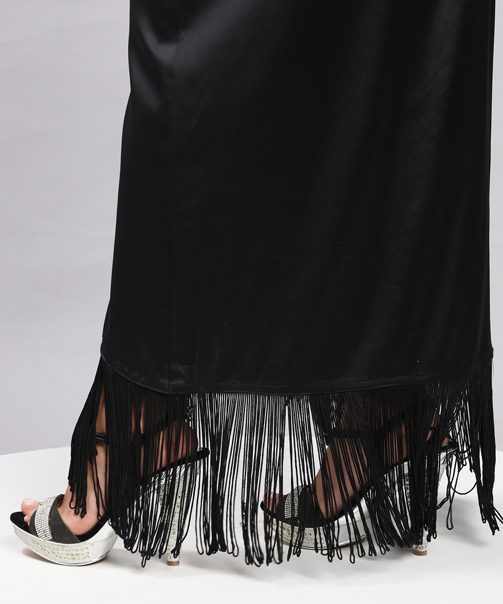 Black Sequin & Fringe Crop Top Skirt Set