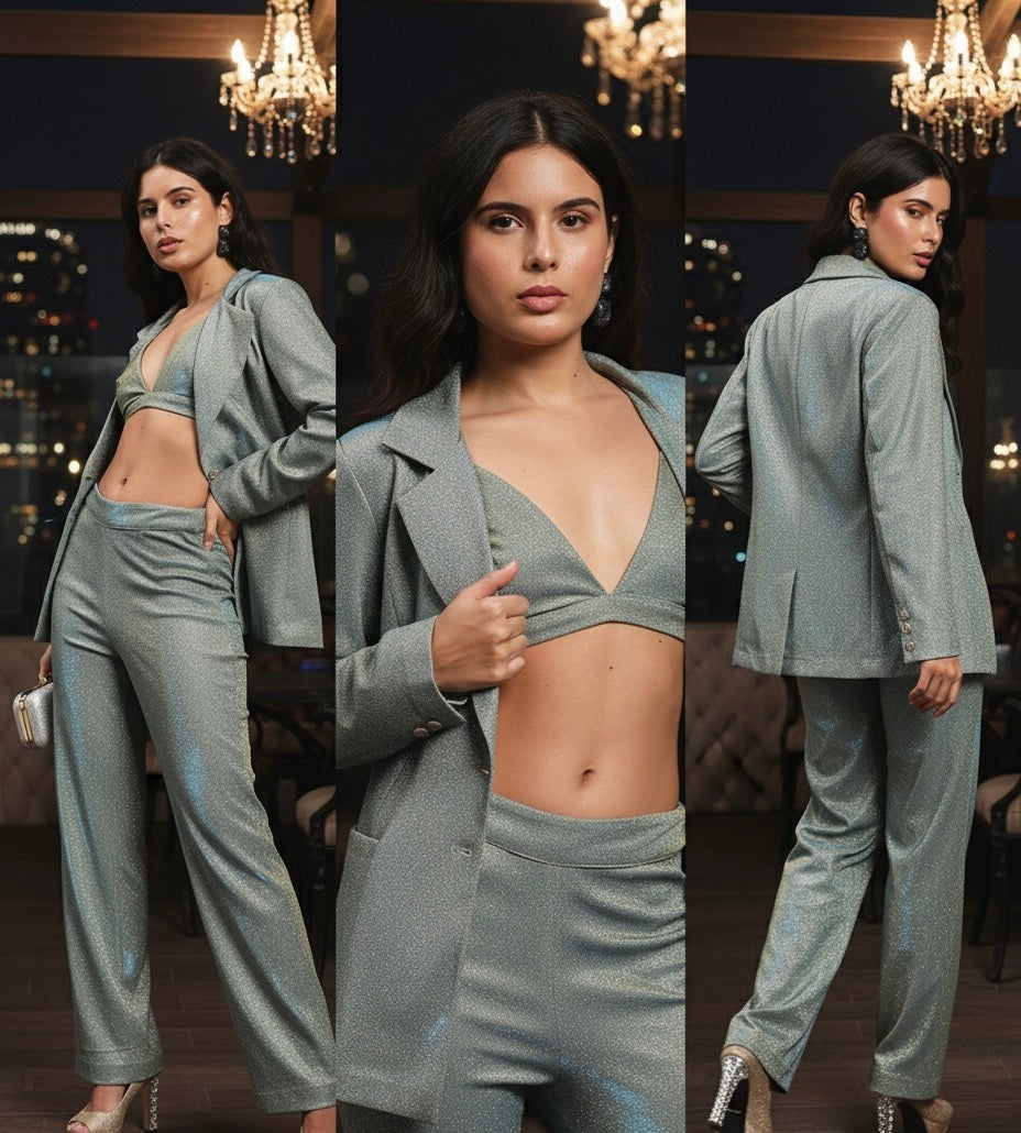 Metallic Aqua Blazer Set- Fierce,Gorgeous, Power