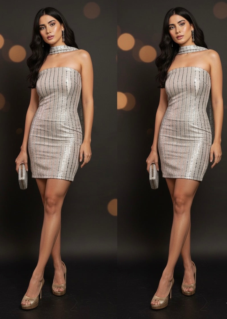 Dazzling Sequin Hollywood Dress with Scarf