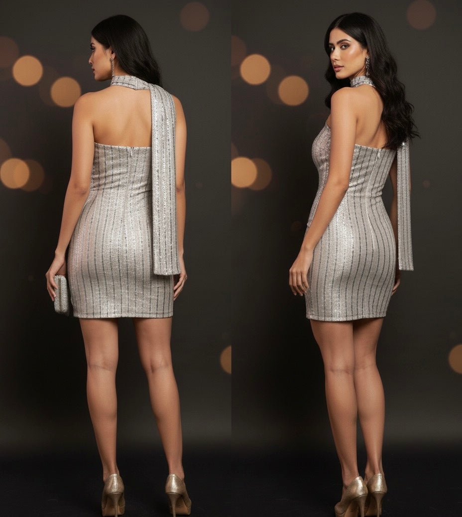 Dazzling Sequin Hollywood Dress with Scarf