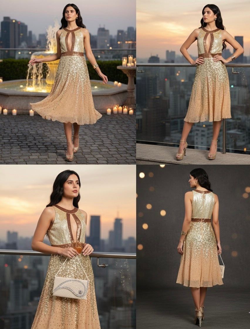 Gold Glimmer Cocktail Dress-Dazzling,Soft, Feminine