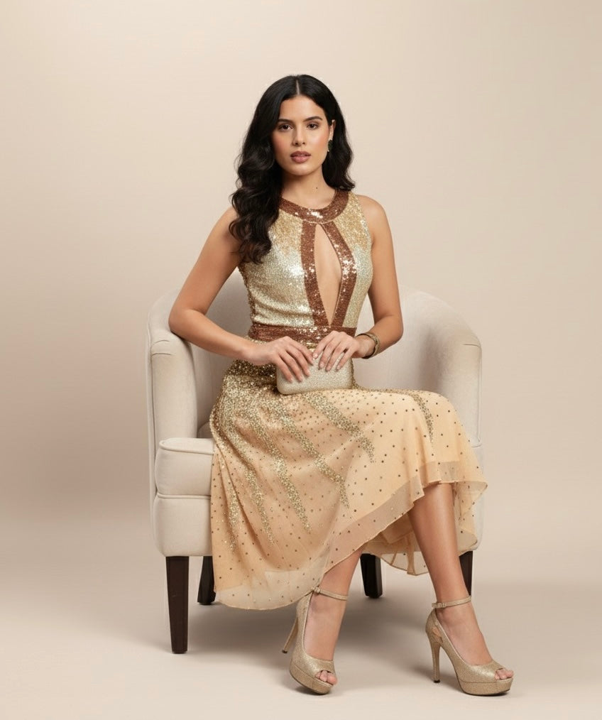 Gold Glimmer Cocktail Dress-Dazzling,Soft, Feminine