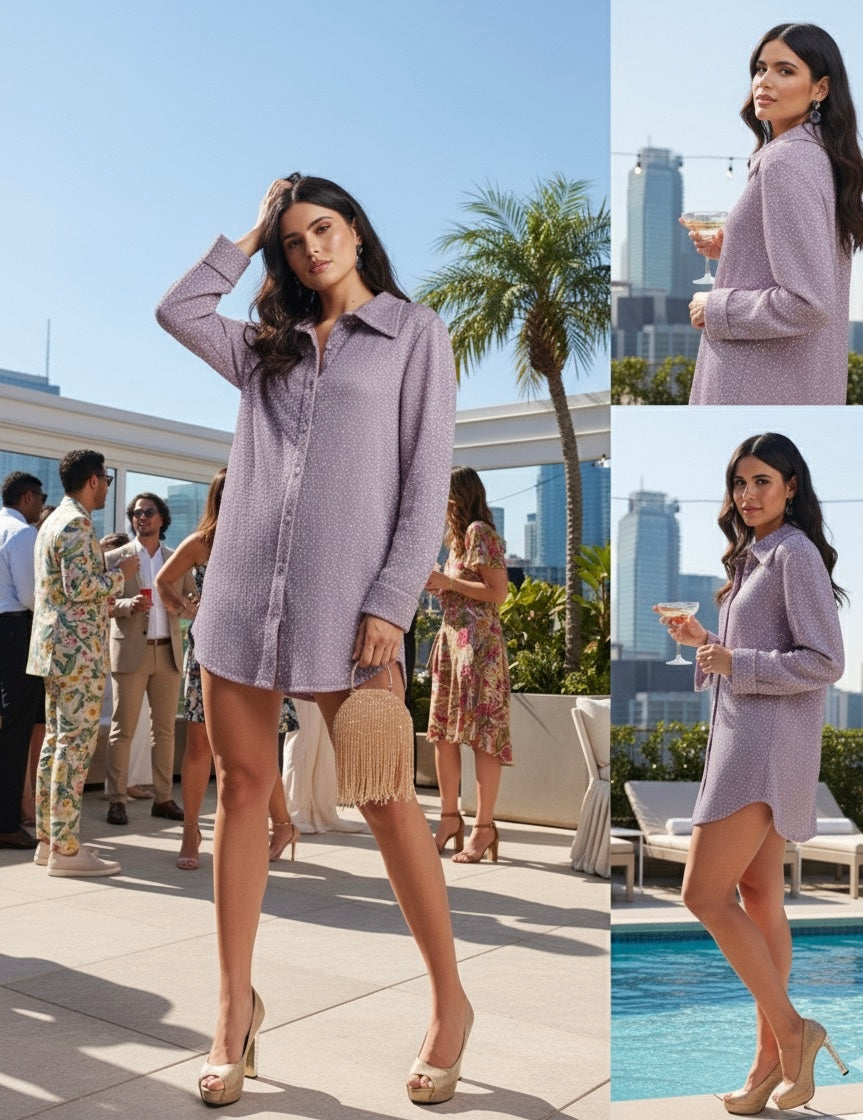 Lilac Sequin Shirt Dress- Chic, Playful, Drama