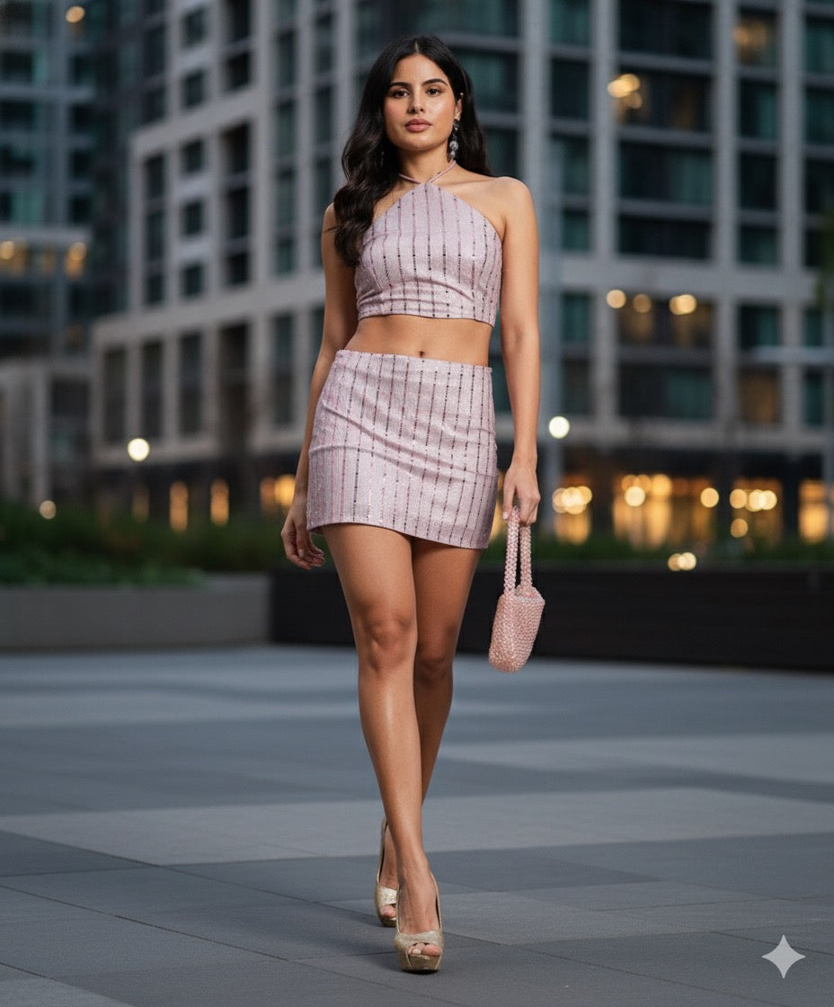 Blush shimmer skirt top set— playful elegance redefined.