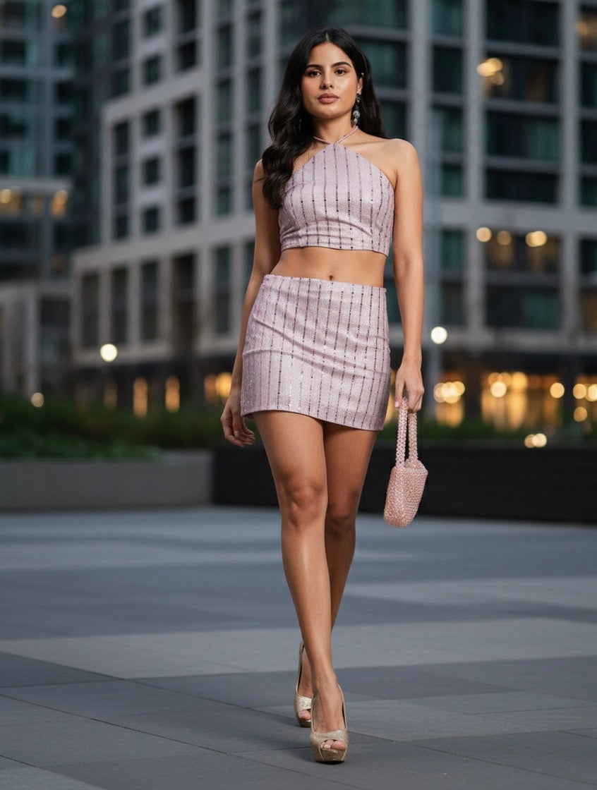 Blush shimmer skirt top set— playful elegance redefined.