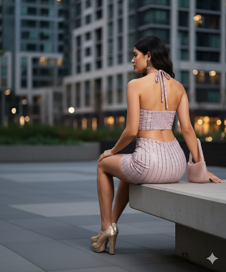 Blush shimmer skirt top set— playful elegance redefined.