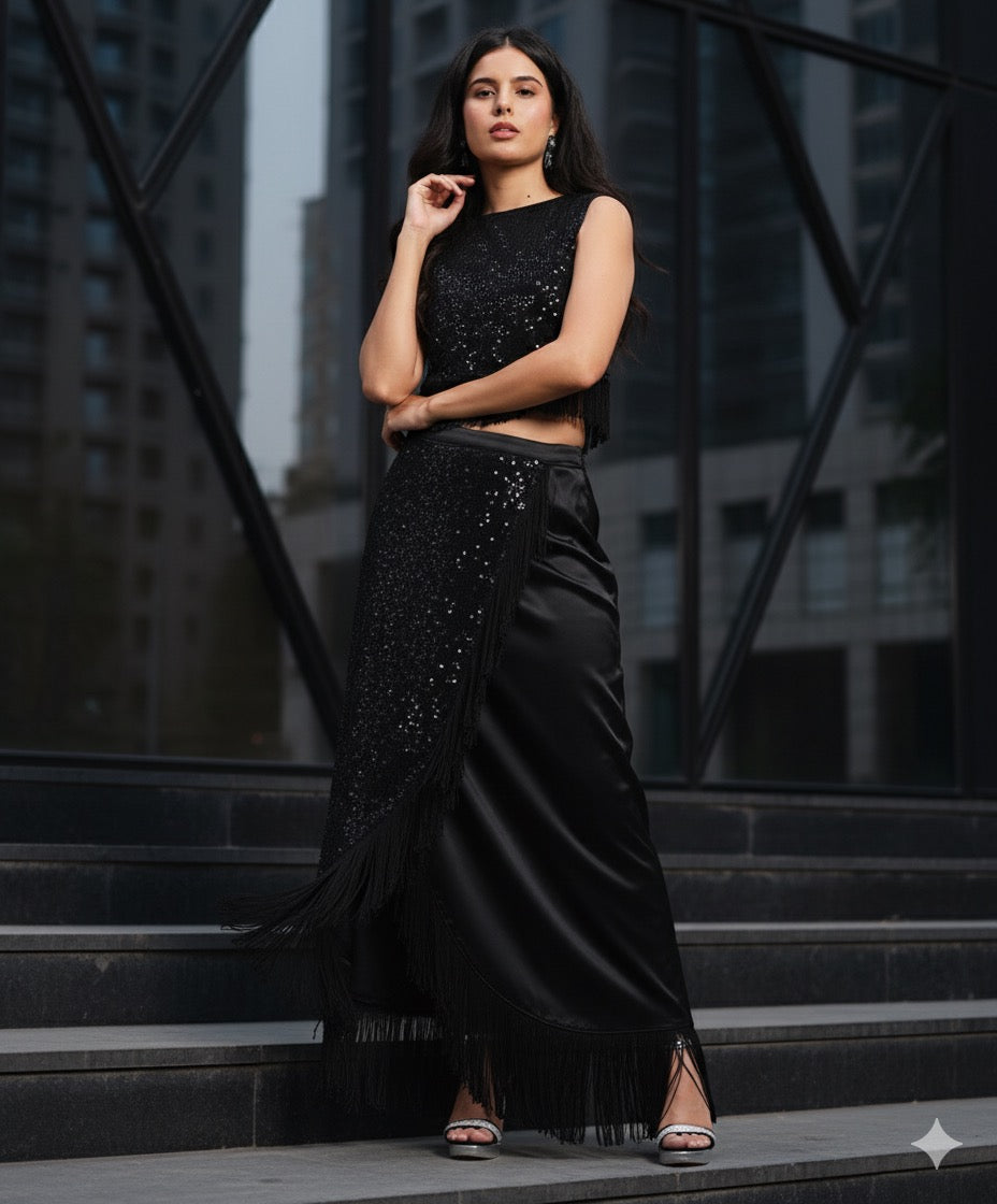 Black Sequin & Fringe Crop Top Skirt Set