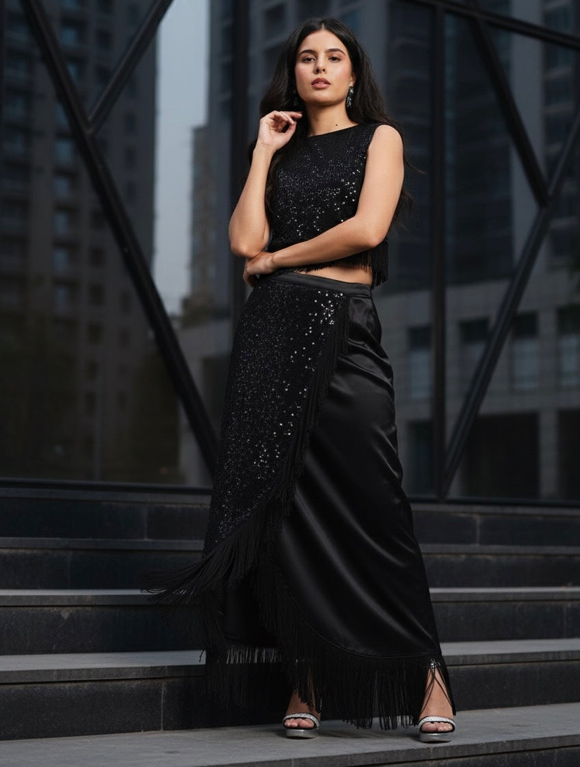 Black Sequin & Fringe Crop Top Skirt Set