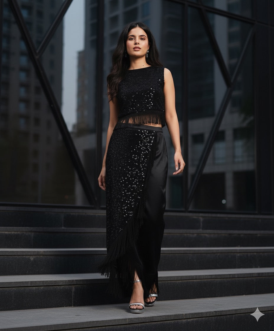 Black Sequin & Fringe Crop Top Skirt Set