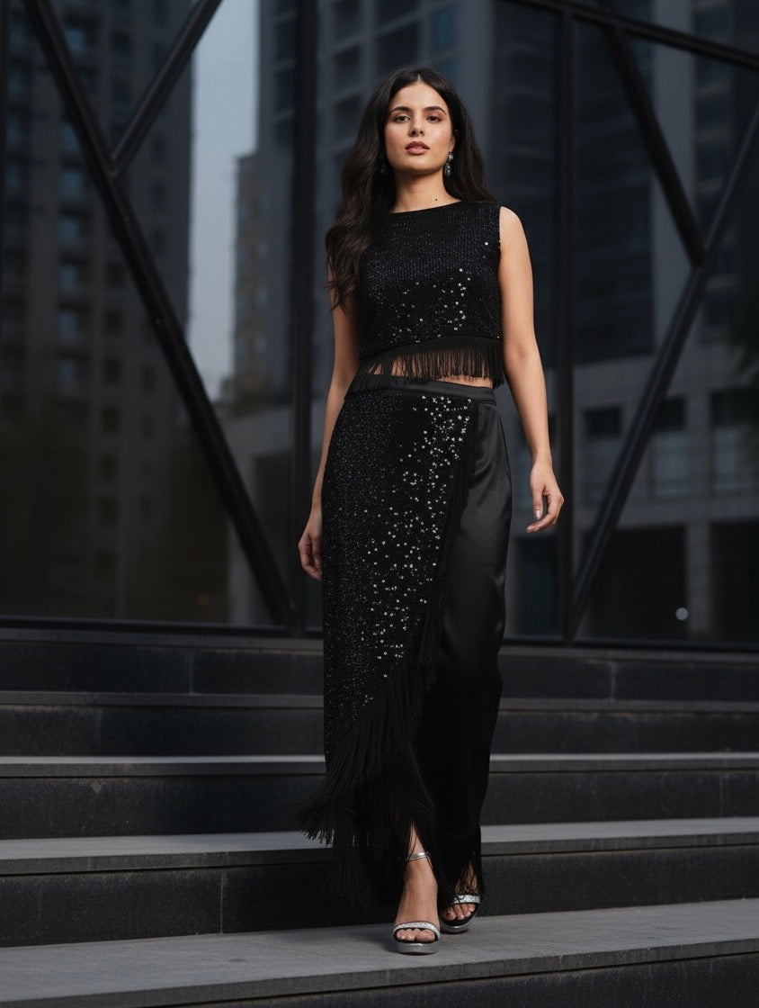 Black Sequin & Fringe Crop Top Skirt Set