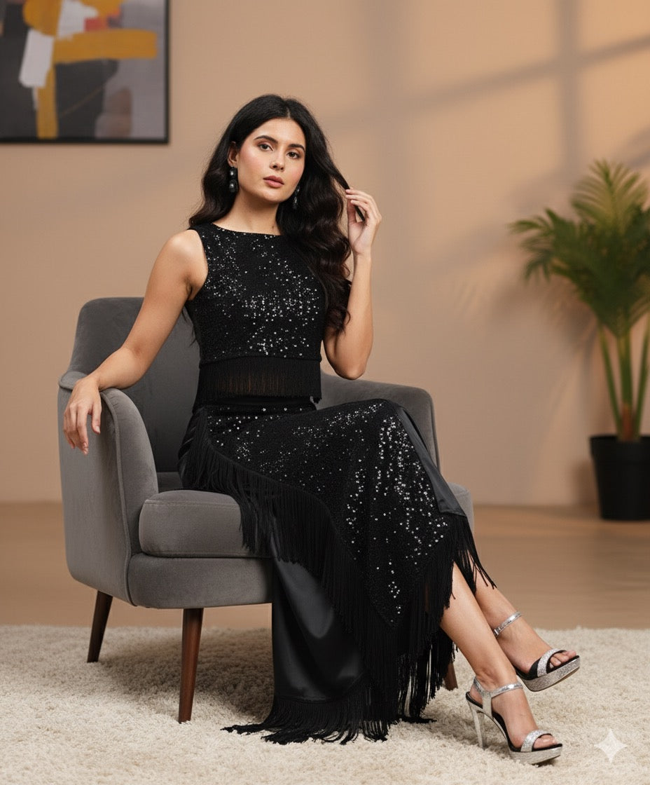 Black Sequin & Fringe Crop Top Skirt Set