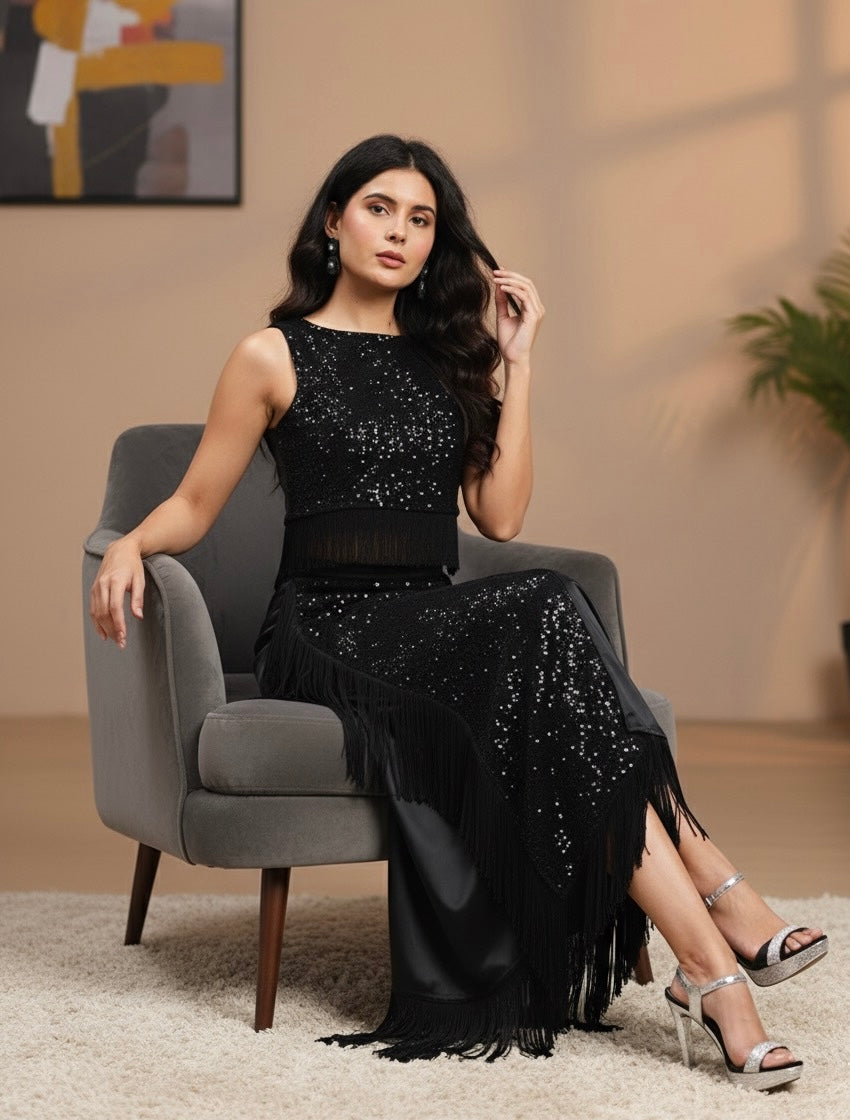 Black Sequin & Fringe Crop Top Skirt Set