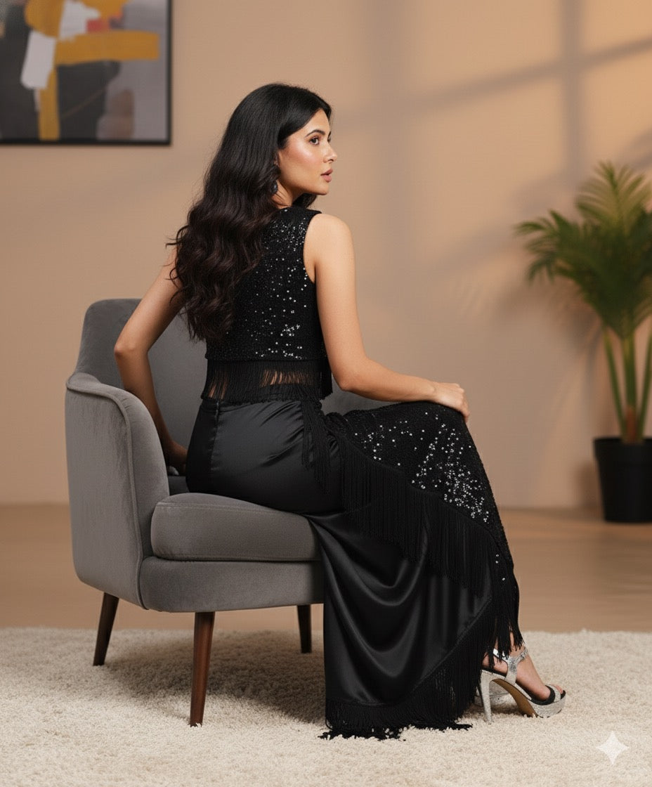 Black Sequin & Fringe Crop Top Skirt Set