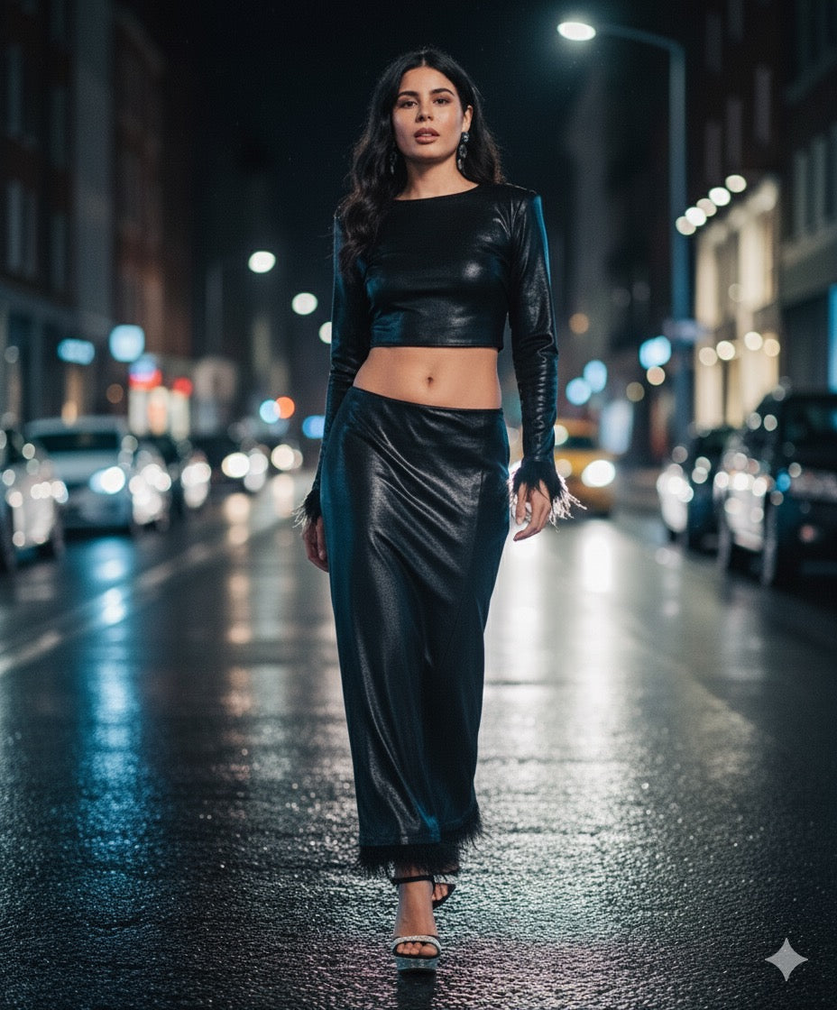 Metallic Black Top & Feather Trim Skirt Set-sleek, sultry, modern