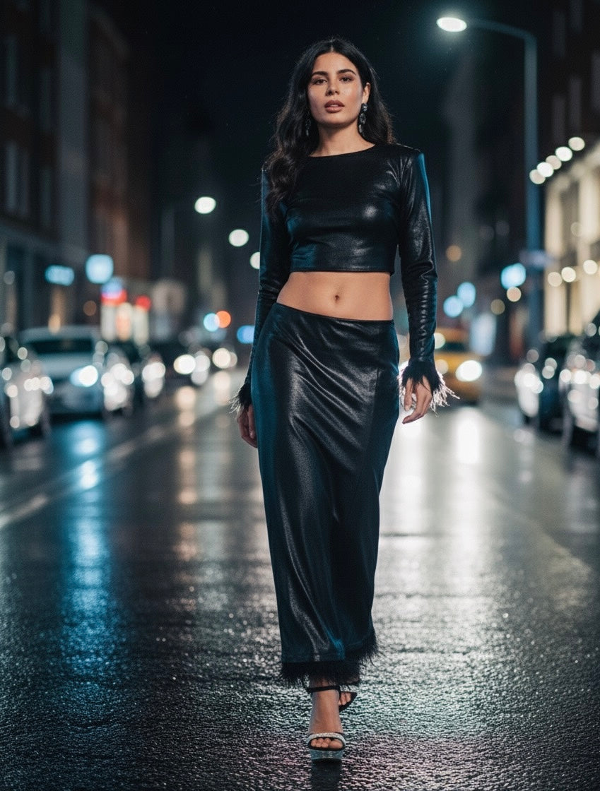 Metallic Black Top & Feather Trim Skirt Set-sleek, sultry, modern