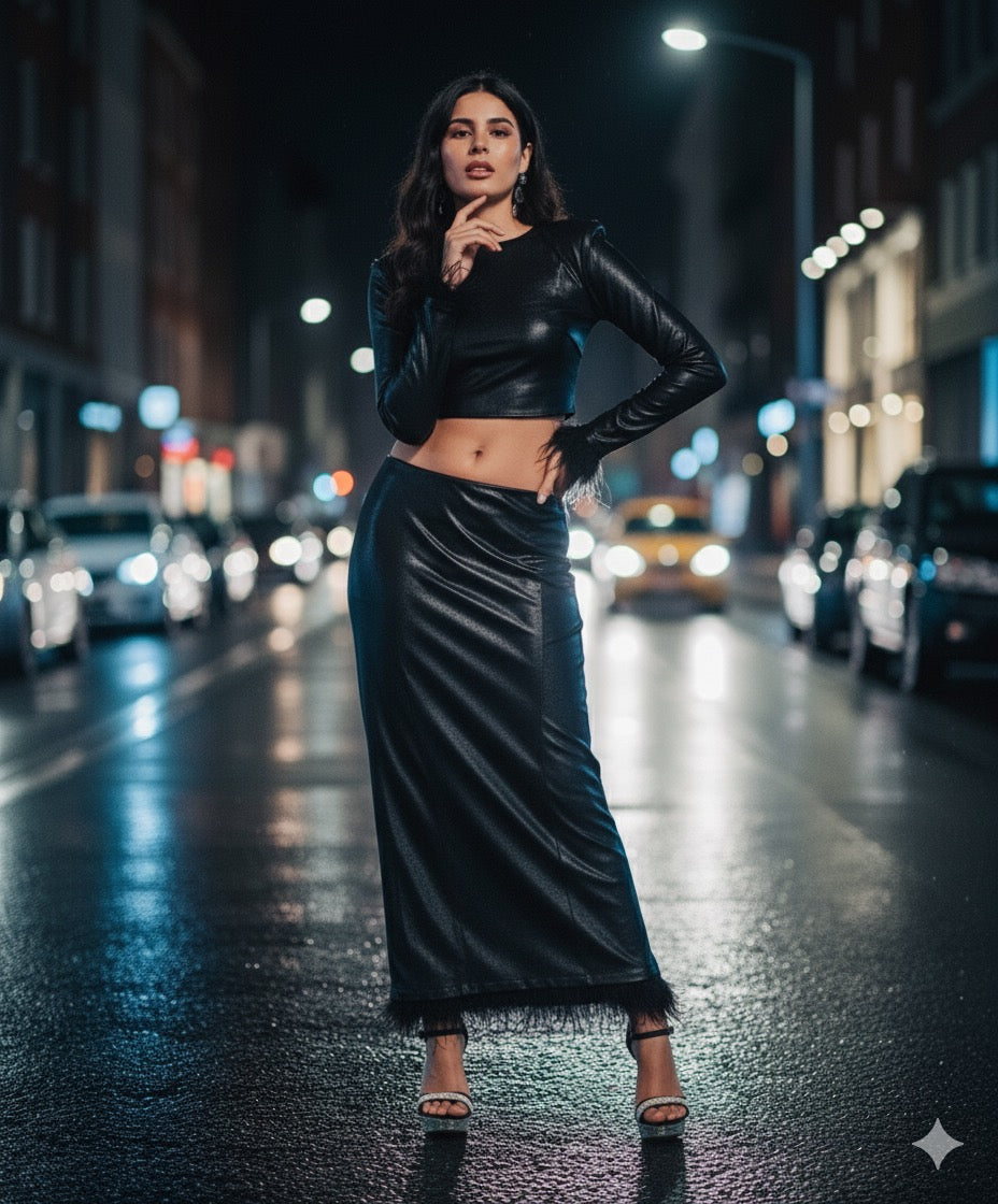 Metallic Black Top & Feather Trim Skirt Set-sleek, sultry, modern