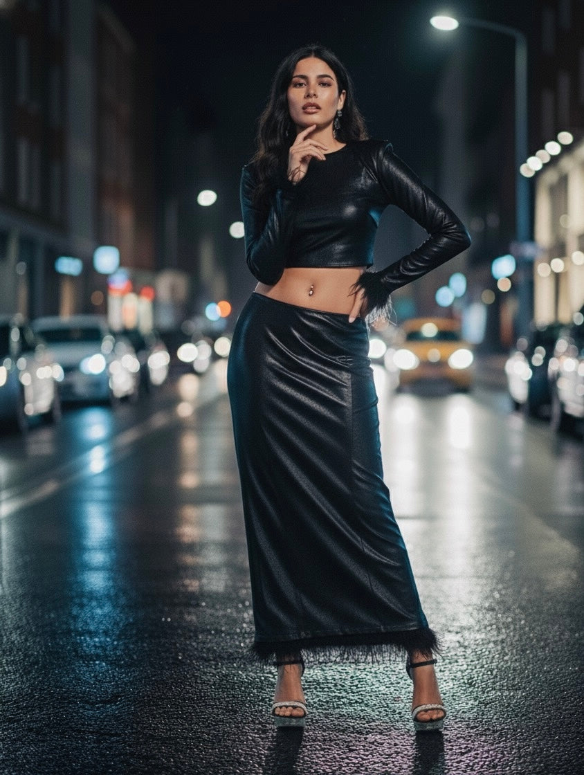 Metallic Black Top & Feather Trim Skirt Set-sleek, sultry, modern