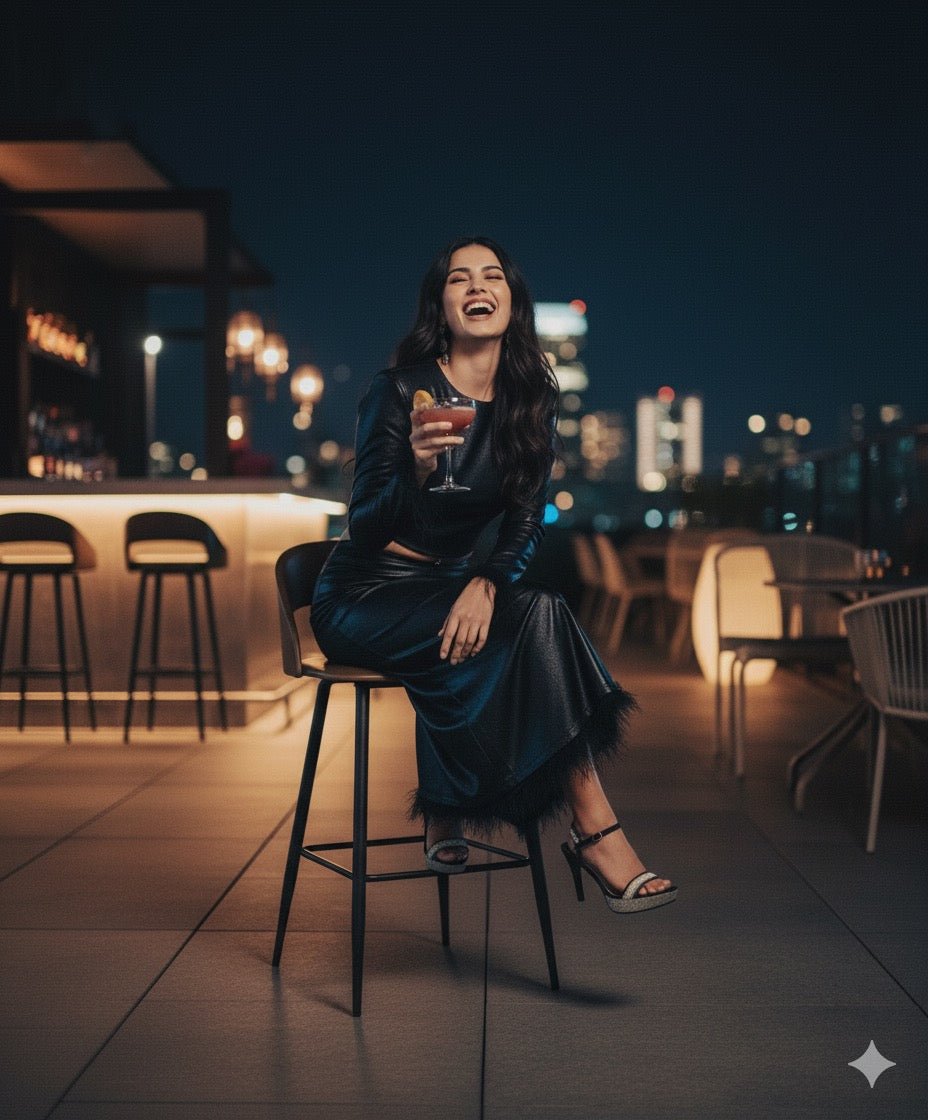 Metallic Black Top & Feather Trim Skirt Set-sleek, sultry, modern