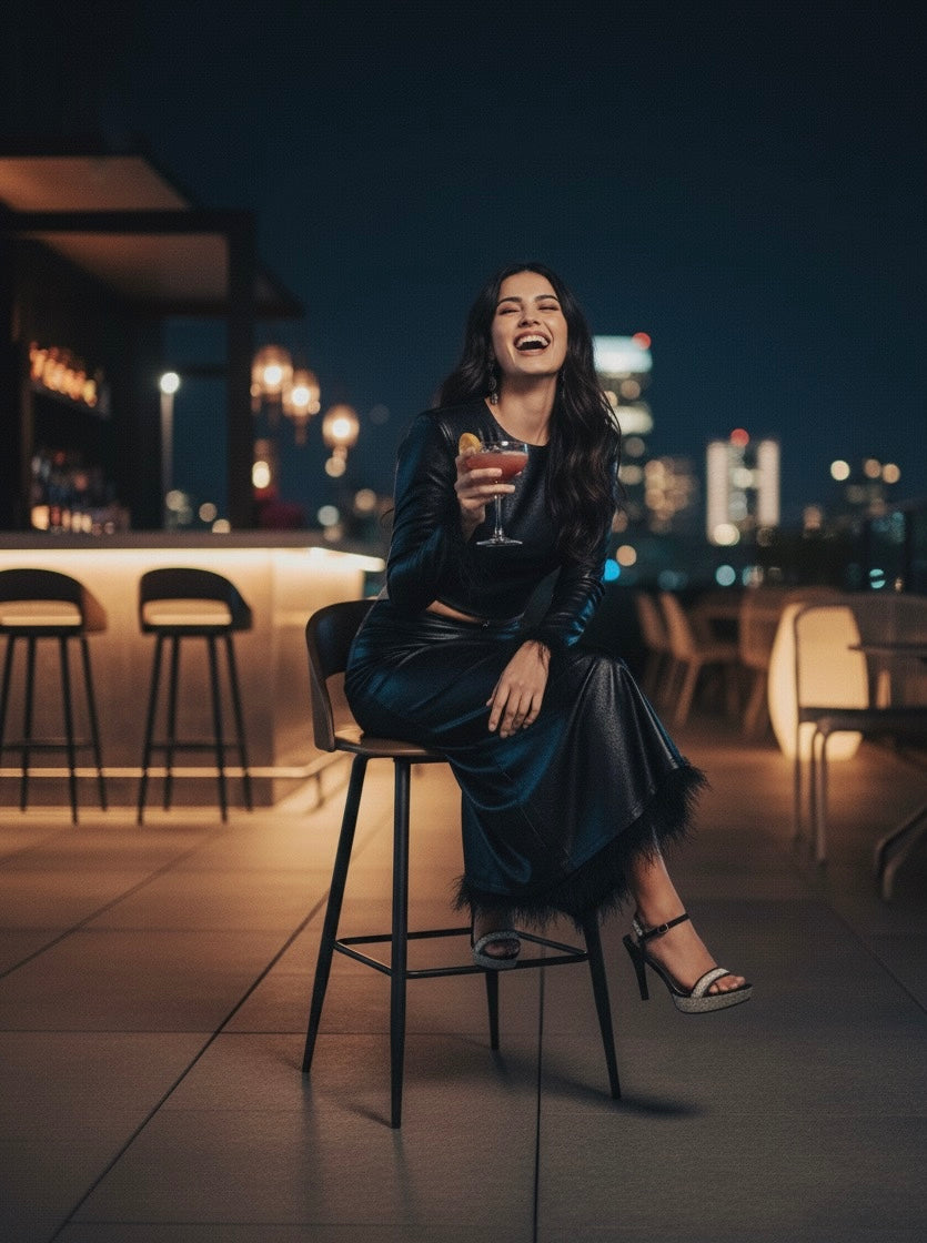 Metallic Black Top & Feather Trim Skirt Set-sleek, sultry, modern