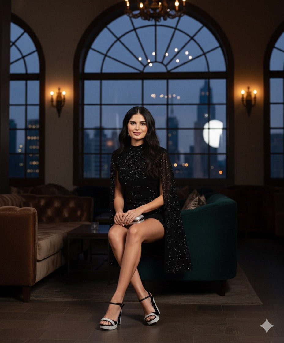 Black Cape Sleeves Dress- Elegant, Festive,Sparkle