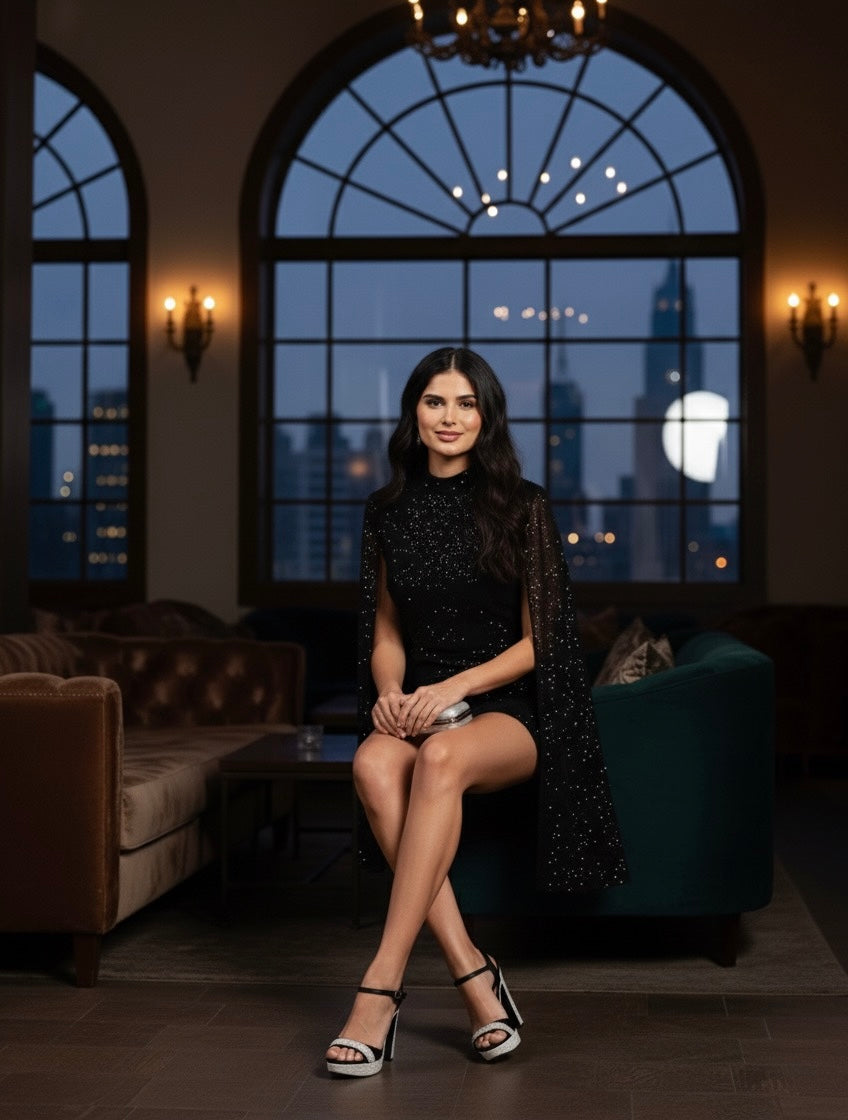 Black Cape Sleeves Dress- Elegant, Festive,Sparkle