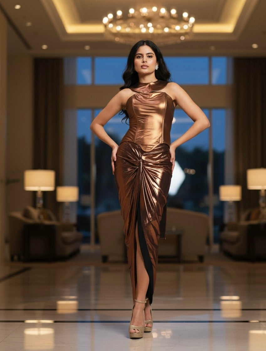 Bronze Bustier top and skirt  — glamour with a modern edge.