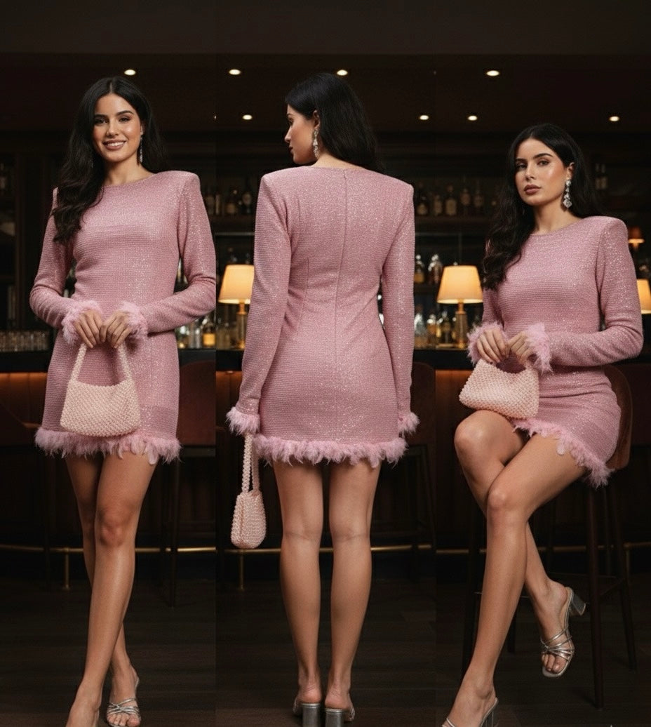 Blush feather-trim mini dress— polished, playful, charming