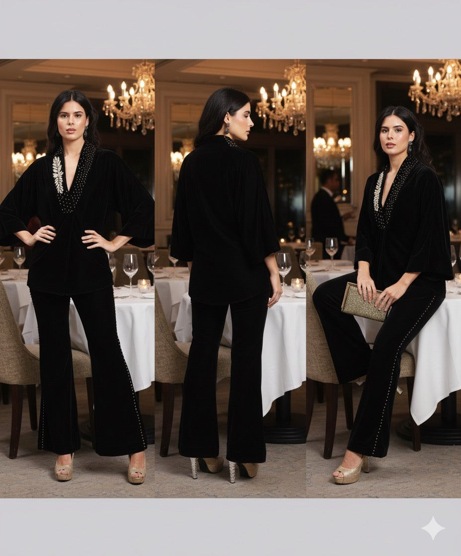 Midnight velvet co-ord — timeless, elegant, effortlessly chic.