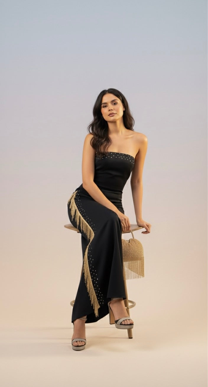 Black & Gold Fringe Strapless Gown-sleek, sultry, show-stopping.